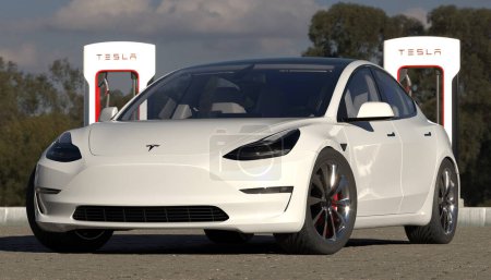 Foto de Tesla Modelo 3 - Carga en Tesla Supercharger - Imagen libre de derechos
