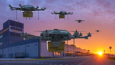 Photo for Amazon Prime Air Drone against the backdrop of a logistics centre - Royalty Free Image