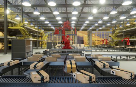 Photo for Szczecin,Poland-February 2024:Robotised conveyor belt hall at Amazon logistics centre - an artist's vision.3D Render. - Royalty Free Image