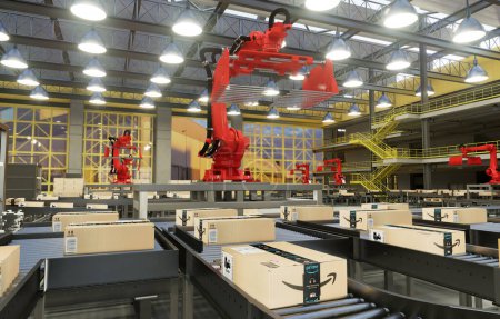 Foto de Szczecin, Polonia-febrero de 2024: Sala de cintas transportadoras robotizada en el centro logístico de Amazon, una visión de artista.. - Imagen libre de derechos