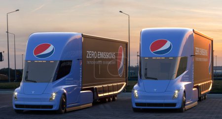 Téléchargez les photos : Szczecin, Pologne-Février 2024 : La flotte de semi-camion Tesla que Pepsi a reçu est en service depuis plusieurs mois.3D Render. - en image libre de droit