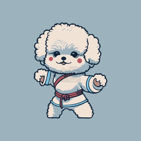 Cartoon illustration of cute Bichon Frise doing karate