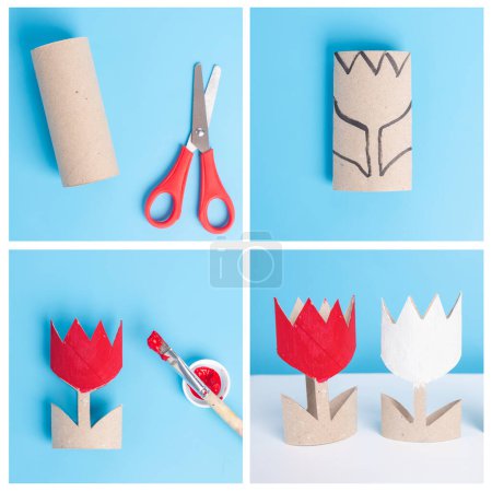 Foto de Toilet paper roll craft concept for kid and kindergarten, DIY, tutorial, spring flower toy, recycle art - Imagen libre de derechos