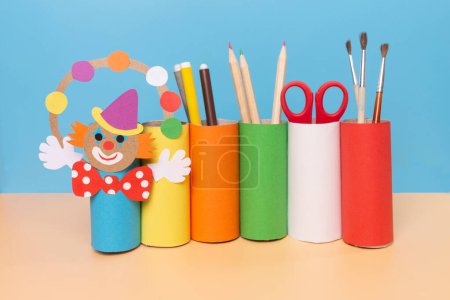 DIY, clown handicraft from recycled materials, stand for school items made from empty rolls of toilet paper