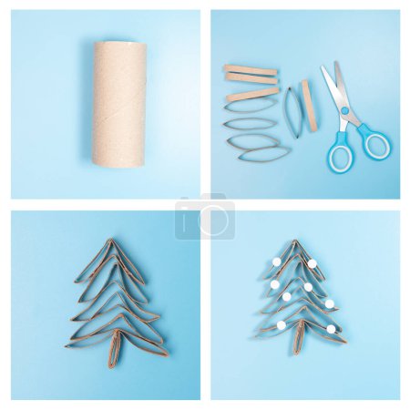 Photo for A paper Christmas tree made out of toilet paper rolls, blue background muted colors with minimalism, craft made of recycle cardboard, DIY, tutorial, educational art for kids, top view - Royalty Free Image