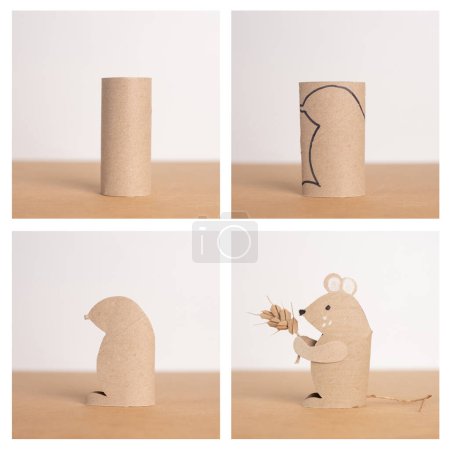 Photo for A series of four pictures of a mouse made out of recycled toilet paper roll, conceptual art, tiny rats, cereal box, brown paper, simple primitive tube shape , educational and craft activity, DIY - Royalty Free Image