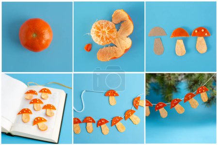 Téléchargez les photos : Instructions étape par étape comment faire une guirlande de formes de champignons, décoration en écorce de mandarine, festive, artisanat pour les enfants, tutoriel, bricolage - en image libre de droit