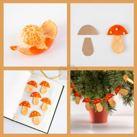 Téléchargez les photos : Comment faire de la décoration en écorce de mandarine, champignons forme guirlande, festive, artisanat pour les enfants, tutoriel - en image libre de droit