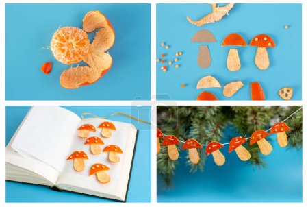 Téléchargez les photos : Une décoration en écorce de mandarine, forme de champignons guirlande, festive, artisanat pour enfants - en image libre de droit