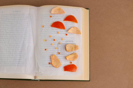 Téléchargez les photos : Une mandarine pelée détails séchage sur le dessus de la page des livres, minimaliste, gros plan, vue du dessus - en image libre de droit