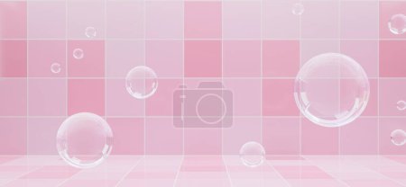 eine Gruppe von Seifenblasen, die vor einer rosa gekachelten Wand schweben, ein 3D-Render, Themen der Schönheit, Reinheit und Gelassenheit