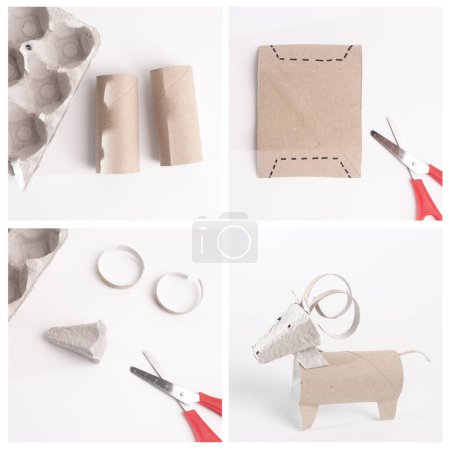 Photo for Simple surface displays a creative ram with curled horns crafted from a recycled toilet paper roll, an easy and educational animal-themed project for kids, process of making paper toy, tutorial - Royalty Free Image