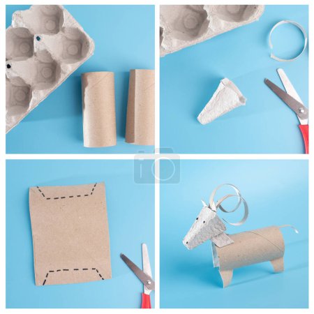 Educational animal-themed craft: ram with curled horns made from empty toilet paper roll, promoting recycling, simple toy craft for children, DIY, tutorial, step by step instruction