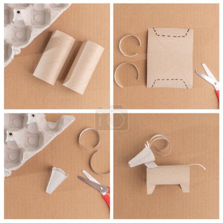 Recycle concept brought to life with a toilet paper roll transformed into a ram with curled horns on a plain surface, offering an educational and easy craft for children, handmade toy, tutorial, brown