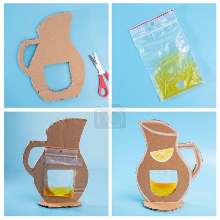 Photo for Crafted from recycled material, this cutout pitcher showcases engaging summer craft for kids. Create and inspire using everyday materials in your creative projects, tutorial, set of four photo, blue - Royalty Free Image