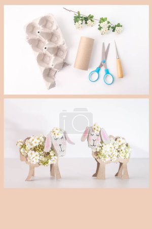 Experience the joy of upcycling with this charming sheep craft.Transform egg carton box, discarded toilet paper roll tube into spring-inspired craft. instructions cardboard sheep adorned with flowers