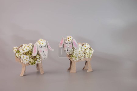 Springtime kids crafts, Two cute floral and paper sheep, DIY, front view, grey background