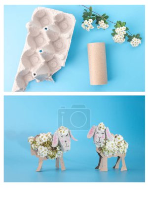 sheep made out egg carton box, empty toilet paper roll tube and flowers, process art, cut out of cardboard, recycling art concept, simple spring activity for kids, tutorial, step by step instruction