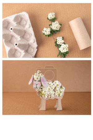 Whimsical sheep DIY project, egg carton box, toilet paper roll tube, flowers, recycling art, for children. Simple spring activity creativity. step-by-step tutorial for engaging process art experience