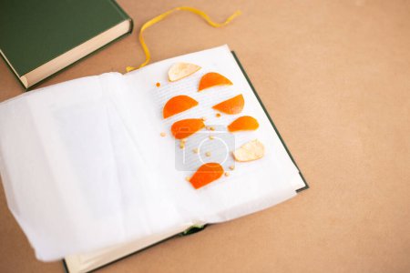Téléchargez les photos : Morceaux de peau de mandarine séchant à l'intérieur du livre, vue de dessus, mise au point douce - en image libre de droit