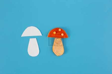 Téléchargez les photos : Détail artisanal en écorce de mandarine forme de champignon, gros plan, collage papier découpé, photo du haut vers le bas, blanc et orange, fond bleu - en image libre de droit