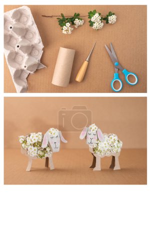 Craft adorable sheep with kids using everyday materials. Egg carton, toilet paper roll, lively flowers bring project to life. Follow easy tutorial for recycling art fun