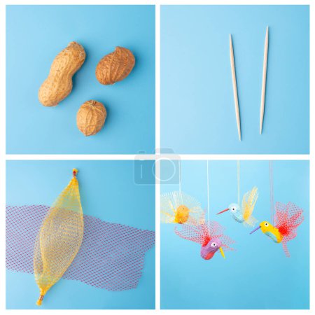Summer craft hummingbird tutorial, easy for kids, DIY, made from peanuts and veggie nets, recycling concept