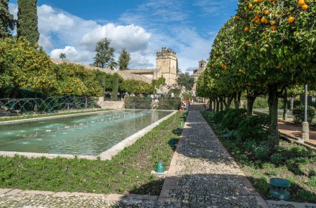Photo for CORDOBA, SPAIN - FEBRUARY 16, 2014: People visiting the beautiful gardens of the Alcazar de los Reyes Cristianos (Spanish for "Castle of the Christian Monarchs"), a medieval fortress located in the historic center of Cordoba, Andalusia, southern Spa - Royalty Free Image