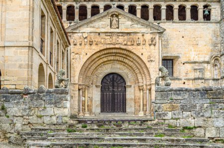 View of the Collegiate church and cloister of Santa Juliana in the town of Santillana del Mar, Cantabria, northern Spain, built in the 12th century, in Romanesque style