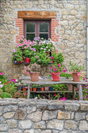 Detalle arquitectónico, macetas con flores de colores, ventanas decorativas en el pueblo de Santillana del Mar, Cantabria, norte de España