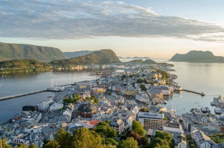 Aerial view at sunset of the city of Alesund, More og Romsdal County, Norway