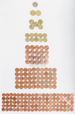 Equivalence of one euro in euro cents coins on white background
