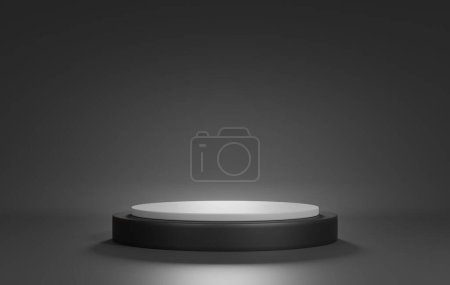 Podium 3D on black backdrop.Product display presentation.Abstract scene dark background.Gray circle stand.Pedestal product on Minimal scene.Geometric platform show cosmetic product,mockup.3D render