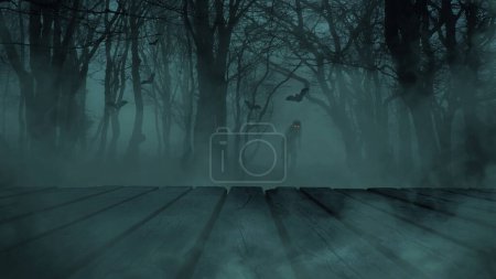 Foto de Bosque de niebla de miedo con zombies muertos vivientes con ojos de luz roja y murciélagos con mesa de madera. Espacio para productos y espacio libre de copia para el diseño. Feliz Halloween - Imagen libre de derechos