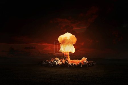 Schrecklich hell leuchtende Atomexplosion im Abendfeld. Der 3. Weltkrieg. Apokalypse, kreative Idee. Konzept der nuklearen Katastrophe. H-Bombe-Gefahr. Strahlung und Explosion. Atompilz