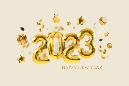 Photo for Gold balloons 2023 with confetti, gold mirrored balloon party, stars, gifts and rabbits on a light beige background. Happy New Year 2023 creative - Royalty Free Image