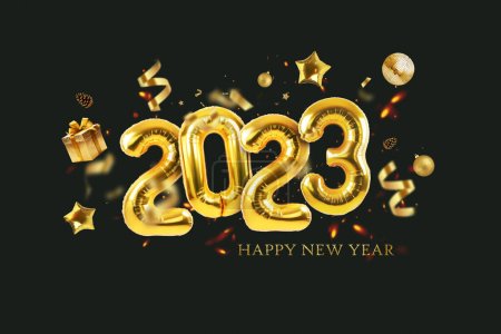 Photo for Gold Balloons 2023 New Year's Eve with gold confetti, gift, mirror balloon and sparks on a dark green background. Golden Happy New Year concept design cards - Royalty Free Image