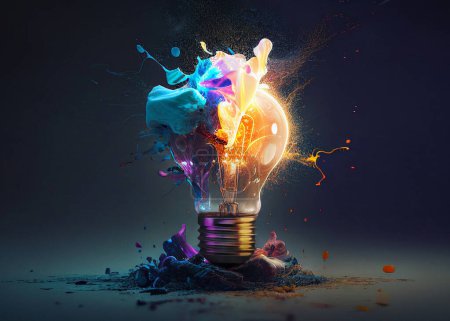 Téléchargez les photos : Creative light bulb explodes with colorful paint and splashes on a black background. Think differently creative idea concept - en image libre de droit