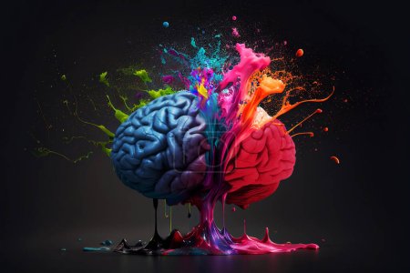 Téléchargez les photos : Creative art brain explodes with paints with splashes on a black background, concept idea - en image libre de droit