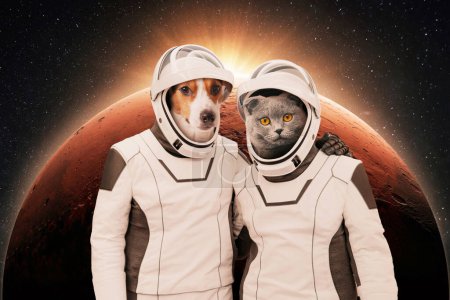 Funny dog and cat astronaut in space suits hug and stand on background of a red planet Mars with sunset. Two pet friends cat and dog adventure together in space. Space mission animals, creative idea 