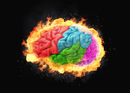 Verbrennendes Gehirn mit Feuer, Funken und Rauch. Gehirnexplosion, kreative Idee. Denken und Brainstorming. Migräne und Kopfschmerzen, Konzept.
