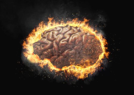 Verbrennende kreative Gehirnverbrennung und Explosion mit Feuer, Funken und Rauch. Gehirnexplosion, kreative Idee. Denken und Brainstorming. Migräne und Kopfschmerzen, Konzept.