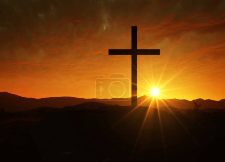 Foto de Crucifixión de Jesucristo al amanecer, Silueta de una cruz en una colina al atardecer - Imagen libre de derechos