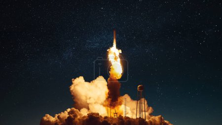 Space rocket ship unsuccessfully takes off into the starry night sky and explodes with smoke and fire. Concept error and start up. Space mission and failure. Explosion
