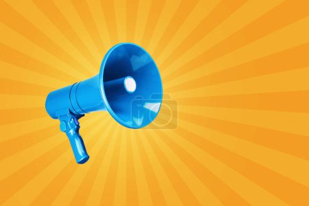 Creative vintage blue megaphone on a yellow background. Advertising and message concept. Creativity and traffic. Attention!