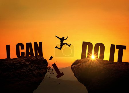 I can do it, concept. Successful business man jumps over a rock at sunset. I can't turns into can, creative idea