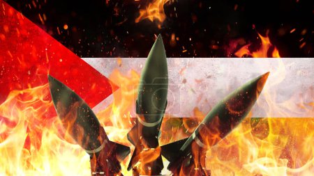 Foto de Bandera palestina y armas de misiles en llamas con chispas, concepto. Guerra en Palestina y la Franja de Gaza. Hamás terror civiles - Imagen libre de derechos