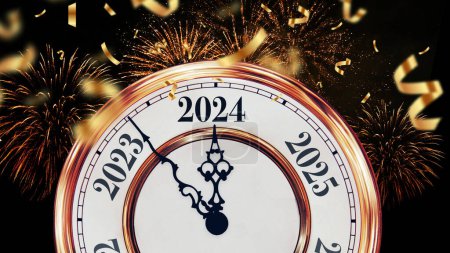 Die goldene Uhr weist mit Konfetti und Feuerwerk auf das neue Jahr 2024 hin. Neujahrskarte, Konzept. Weihnachten, kreative Idee
