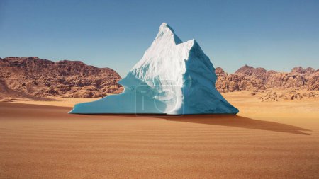 Derretimiento de glaciares, idea creativa. Iceberg en el desierto, concepto. Calentamiento global y cambio climático.
