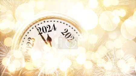 Téléchargez les photos : Vintage horloge en or pointe vers 2024 Nouvel An sur un fond bokeh beige avec feux d'artifice, concept. Nouvel An et carte de Noël, idée créative. Célébration et fête - en image libre de droit